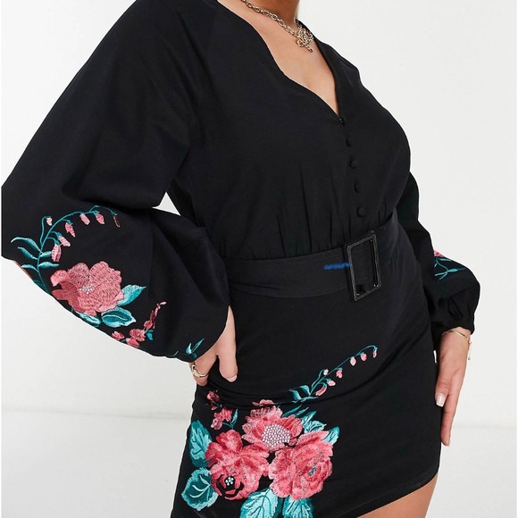 Dresses & Skirts - “SOLD” SOLD”long sleeve, ASOS V-neck mini dress, buckle belt, floral appliqué.